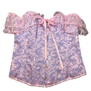 Pink Purple M Damask Brocade Corset Top Lace Ruffle Off Shoulder Victorian Women